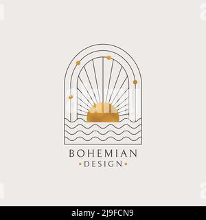 Logo boho. Conception bohème à vecteur isolé avec vagues de soleil et d'océan. Emblème tendance à la texture dorée. Illustration de Vecteur