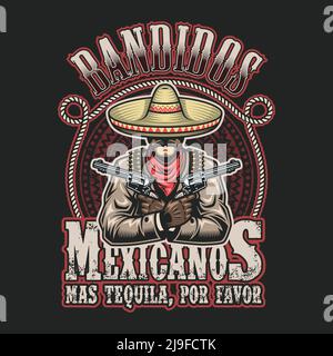 Illustration vectorielle du modèle d'impression bandit mexicain. Homme avec un fusil en mains dans sombrero avec texte. Illustration de Vecteur