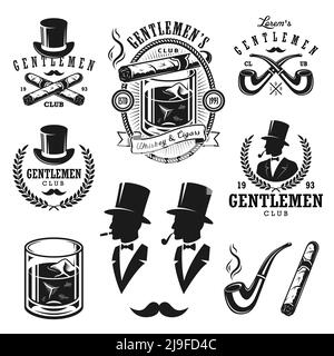 Ensemble d'emblèmes, d'étiquettes, de badges et d'éléments de conception vintage pour gentlemen. Style monochrome Illustration de Vecteur