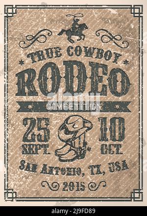 Affiche rodéo américaine de cow-boy avec typographie et texture papier vintage Illustration de Vecteur