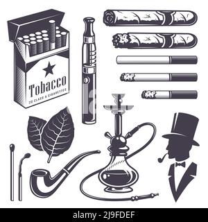 Ensemble d'éléments de tabac à fumer vintage. Style monochrome. Isolé sur fond blanc. Illustration de Vecteur