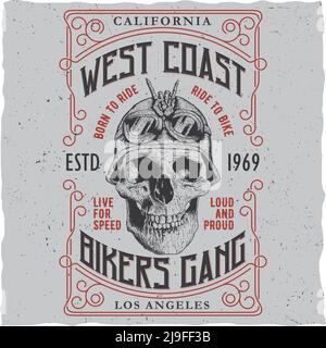 Affiche de groupe de motards de la côte ouest avec motif t-shirt et crâne dans l'illustration du vecteur casque de moto Illustration de Vecteur