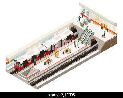 Concept de station de métro isométrique avec panneau d'information de porte de train escalier roulant bancs de chemin de fer passagers sur plateforme vecteur isolé illustrat Illustration de Vecteur