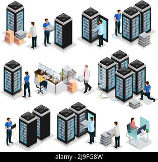 Collecte isométrique de centre de données avec les ingénieurs réparent et assure la maintenance de l'hébergement illustration vectorielle isolée de l'équipement des serveurs Illustration de Vecteur