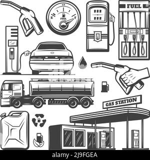 Collection d'icônes de station-service vintage avec réservoir de bâtiment pour le remplissage de voiture illustration vectorielle isolée des gicleurs de pompe à carburant du chariot à jauge à essence Illustration de Vecteur