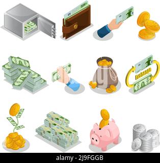 Ensemble de symboles isométriques avec sac à monnaie pour le coffre-fort de la banque de pièces d'or argent arbre figgy banque bitcoins vecteur isolé illustration Illustration de Vecteur