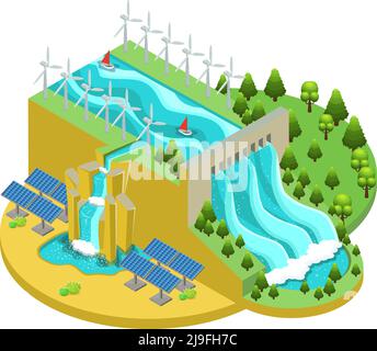 Concept de sources d'énergie alternatives isométriques avec moulins à vent de centrales hydroélectriques et illustration vectorielle des panneaux solaires Illustration de Vecteur