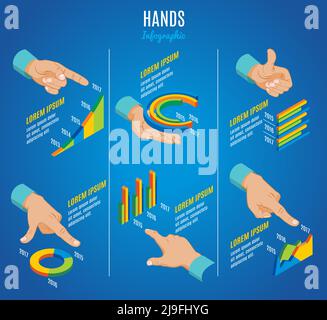 Concept d'infographie sur les mains isométriques avec indication d'appui OK montrant le toucher mouvements et diagrammes graphiques graphiques graphiques illustrations vectorielles isolées Illustration de Vecteur