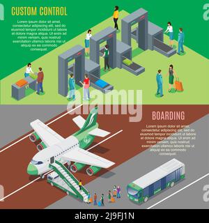 Bannières horizontales isométriques pour l'aéroport avec contrôle des portes de sécurité et avion illustration vectorielle du processus d'embarquement Illustration de Vecteur