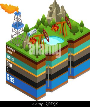 Concept d'extraction de gaz isométrique avec chariot de forage derricks et différent illustrations vectorielles isolées de couches de sol Illustration de Vecteur