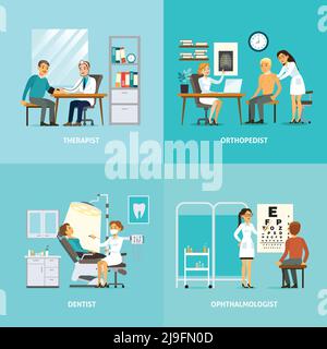 Composition carrée de traitement médical avec des patients rendant visite à différents médecins pour procédures de diagnostic et illustration du vecteur d'examen Illustration de Vecteur