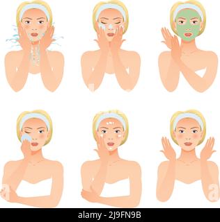 Collection de procédures de soin de la peau avec belle femme faisant le nettoyage de masque de lavage et attention à l'illustration vectorielle isolée du visage Illustration de Vecteur