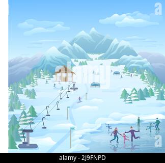 Modèle de parc réactionnaire d'hiver avec patinage ski surf des neiges touristes illustration vectorielle de forêt enneigée et de paysage de montagne Illustration de Vecteur