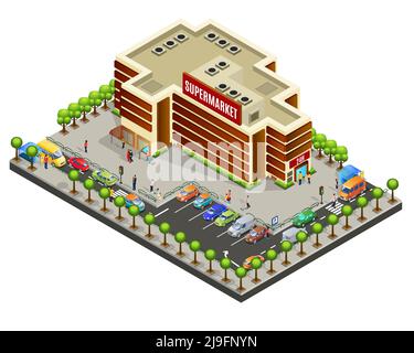 Concept isométrique de zone de supermarché avec les clients de bâtiment moderne automobiles parking illustration vectorielle isolée des bancs et des arbres pour les passages à vent Illustration de Vecteur