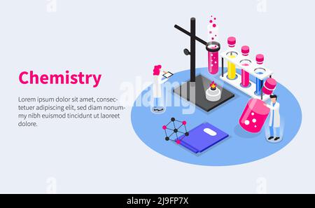 Mise au point de vaccins composition horizontale isométrique avec tubes à essai à caractères humains et brûleur de laboratoire avec illustration vectorielle de texte modifiable Illustration de Vecteur
