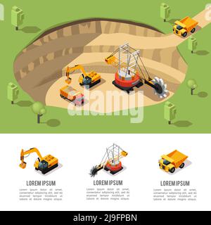 Composition d'extraction de charbon isométrique colorée avec pelle pour carrières lourde illustration du vecteur isolé du chariot travaillant dans une zone minière Illustration de Vecteur
