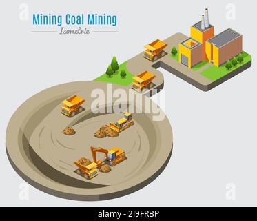 Concept d'extraction de charbon isométrique avec bulldozer d'usine et de benne illustration de la pelle hydraulique travaillant dans une carrière à vecteur isolé Illustration de Vecteur