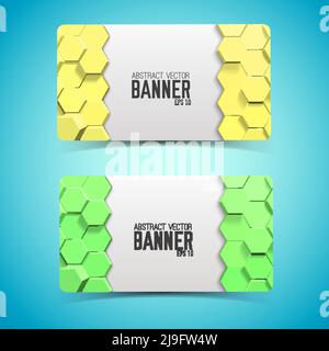 Bannières géométriques abstraites horizontales avec des hexagones 3D jaunes et verts illustration vectorielle isolée de style mosaïque Illustration de Vecteur