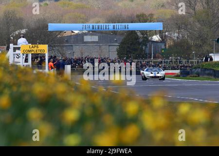 79th membres bannière de réunion en arrière-plan et jonquilles en premier plan, Michael Birch, Ford GT40, Surtees Trophée un seul conducteur de vingt-cinq miles Banque D'Images