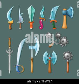 Définir icône caricature armes isolées et colorées pour les jeux de rpg et illustration vectorielle Illustration de Vecteur