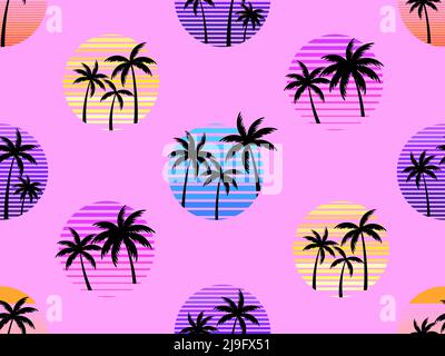 Motif sans couture avec soleil rétro et palmiers dans le style 80s. Palmiers au coucher du soleil. Créez un motif tropical coloré pour la bannière, l'affiche et la promotion Illustration de Vecteur