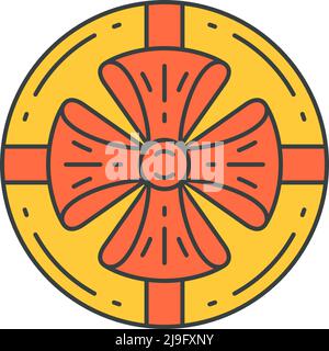 Boîte cadeau festive jaune circulaire décorée d'un noeud rouge vue du dessus pop art groovy style dessin animé vectoriel. Véhicule contenant en carton rond présent Illustration de Vecteur
