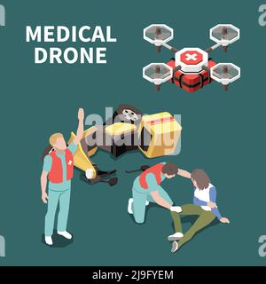 Premiers soins composition isométrique avec femme blessée drone médical et médecins 3d, illustration vectorielle Illustration de Vecteur