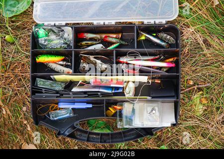 Spinners, wobblers, divers matériel de pêche dans une boîte Banque D'Images