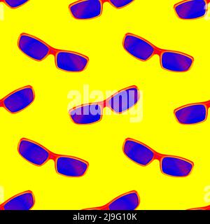 Des lunettes de soleil colorées et brillantes répètent un motif sans couture sur fond jaune pour emballer le papier. Banque D'Images