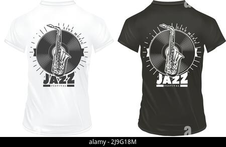 Modèle de reproductions de musique jazz vintage avec inscription saxophone vinyle chemises blanches et noires illustration vectorielle isolée Illustration de Vecteur
