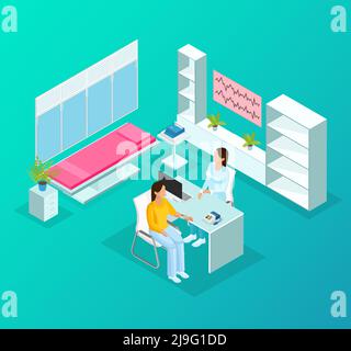 Modèle de soins cardiaques médicaux isométriques avec cardiologue en visite chez le patient pour illustration du vecteur de traitement et de surveillance de la santé Illustration de Vecteur