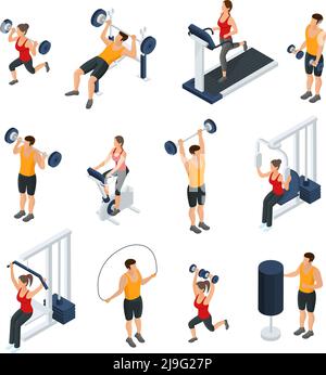 Personnes isométriques dans la collection de gym avec les hommes et les femmes faisant différents exercices physiques illustration vectorielle isolée Illustration de Vecteur