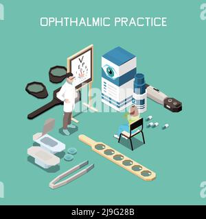 Instruments d'ophtalmologie et médecine composition isométrique avec optométriste et patient illustration vectorielle 3d Illustration de Vecteur