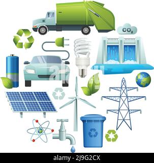 Composition circulaire avec symboles de style de dessin animé énergie et écologie isolés illustration vectorielle avec d'autres sources d'alimentation, panneaux de recyclage Illustration de Vecteur