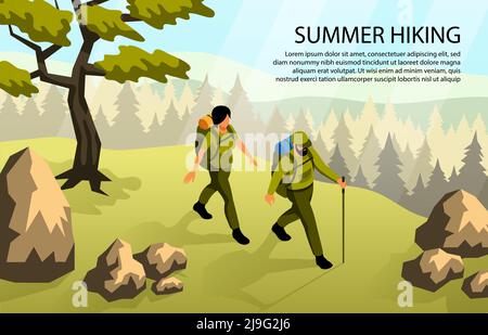 Homme et femme faisant du camping en forêt avec des sacs à dos illustration isométrique horizontale 3d Illustration de Vecteur