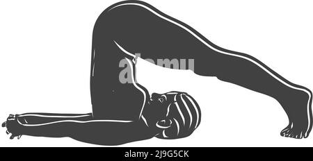 Black Halasana Plough Yoga pose Outline icône. Illustration vectorielle réalisée à la main. Lignes blanches isolées de forme noire. Illustration de Vecteur