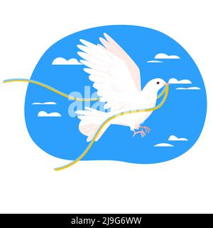 Colombe blanche volant dans un ciel bleu avec ruban de tissage aux couleurs nationales du drapeau ukrainien Illustration de Vecteur