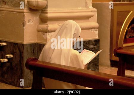 Bologne, Italie. Une religieuse priant à l'intérieur d'une église catholique. Banque D'Images