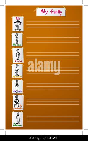 Liste des membres de la famille. Dessins d'enfants collés sur la plaque. Parents et enfants. Relations familiales. Arrière-plan pour remplir le texte. Vecteur illust Illustration de Vecteur