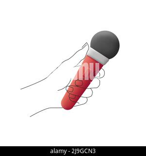 Illustration d'une main linéaire tenant 3D microphones rouges Illustration de Vecteur