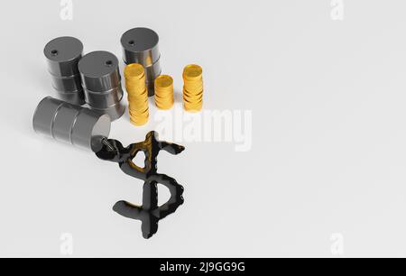 3D illustration de piles de pièces de monnaie dorées et de barils noirs près du symbole dollar provenant d'une fuite de pétrole brut sur fond gris Banque D'Images