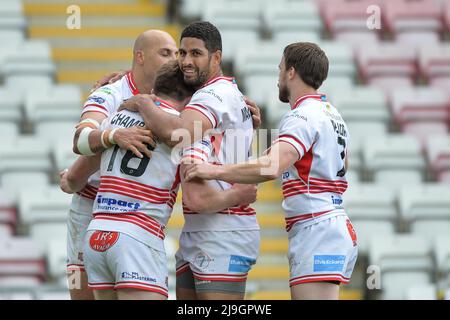 Leigh, Angleterre - 22nd mai 2022 - Ed Chamberlain des Centurion de Leigh célèbre son essai. Rugby League Betfred Championship Leigh Centurions vs Workington Town au Leigh Sports Village Stadium, Leigh, Royaume-Uni Dean Williams Banque D'Images