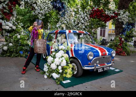 Londres, Royaume-Uni. 23 mai 2022. Une femme prend un selfie avec un mini floral, qui fait partie de Chelsea in Bloom, un spectacle d'art floral transformant les rues de Chelsea du 23 au 28 mai avec des expositions faites de fleurs. L'événement annuel est produit par Cadogan en association avec la Royal Horticultural Society (RHS). Credit: Stephen Chung / Alamy Live News Banque D'Images