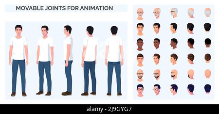 Création de personnages de dessin animé avec un homme décontracté portant un T-shirt blanc et des jeans bleus, avant, arrière et Sideview avec de multiples courses et origines ethniques Illustration de Vecteur