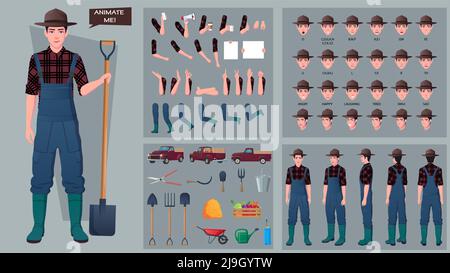 Jeu de constructeurs et de constructeurs de caractères pour les agriculteurs masculins avec outils, expressions, mouvements de la main, synchronisation des lèvres, vecteur Premium de pick-up Illustration de Vecteur