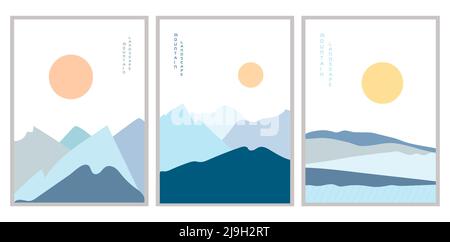 Ensemble d'illustrations vectorielles affiche des paysages de montagne bleus au coucher du soleil. Illustration de Vecteur