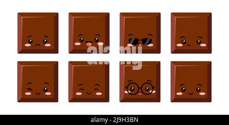 Adorable morceau de barre de chocolat carré enfants emoji personnage vector Icon Set. Illustration de Vecteur