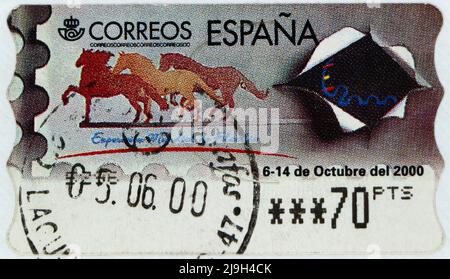 Photo d'un timbre-poste espagnol pour l'exposition universelle philatélie 2000 en Espagne 70 pesetas Banque D'Images