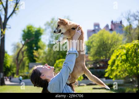 Une fille tenant un chien au-dessus de sa tête. Une fille joue avec son chiot corgi sur une pelouse verte par temps ensoleillé. Banque D'Images