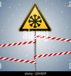 Froid avec précaution. Panneau d'avertissement de sécurité. Montant avec panneau et bandes d'avertissement. Illustration vectorielle Illustration de Vecteur